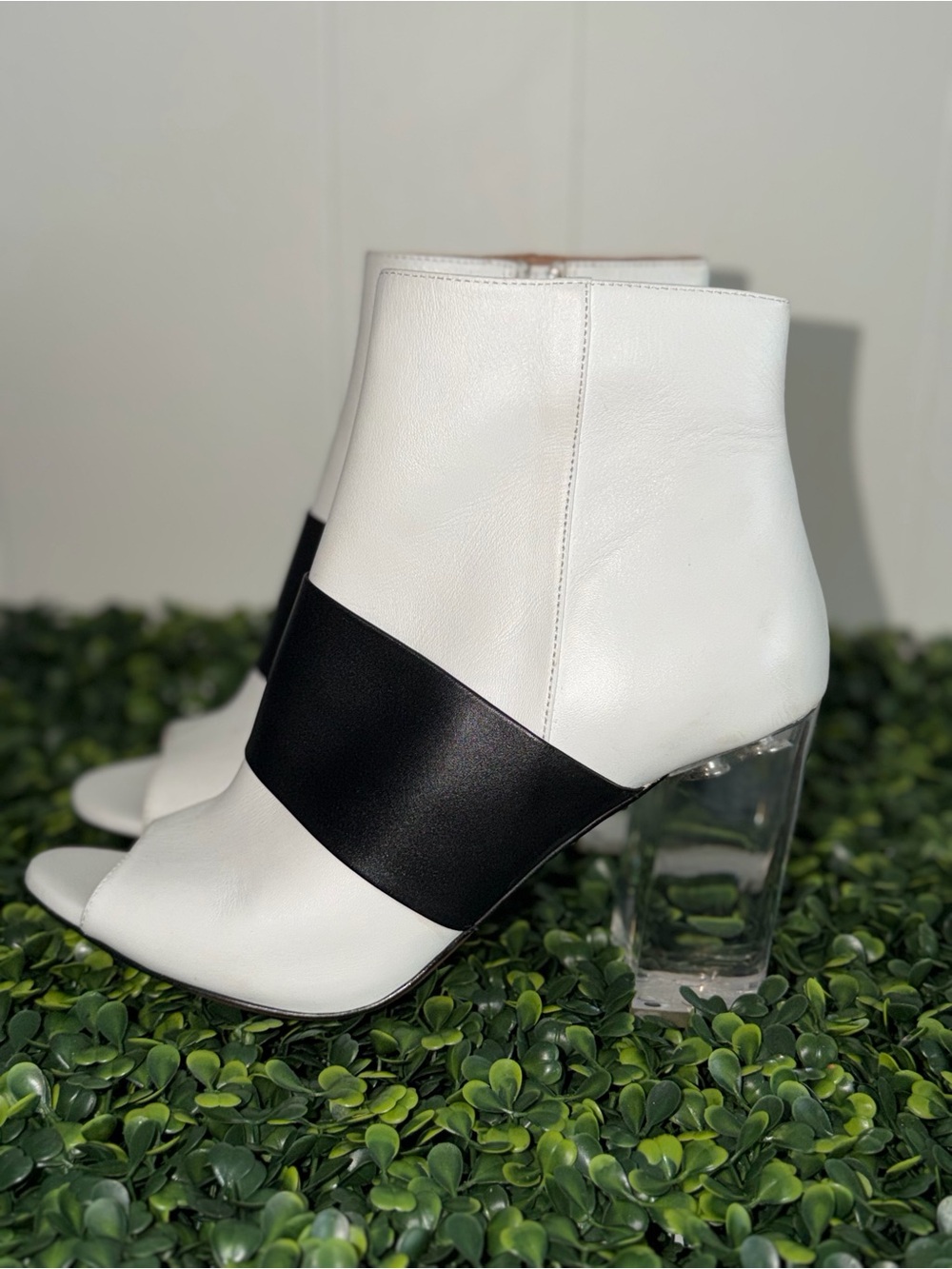 Lines Paolo White and Black Peep-Toe Ankle Boots with Clear Block Heel